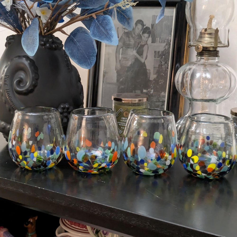 Set of 4 Colorful Confetti Stemless Wine Glasses Hand Blown In Mexico